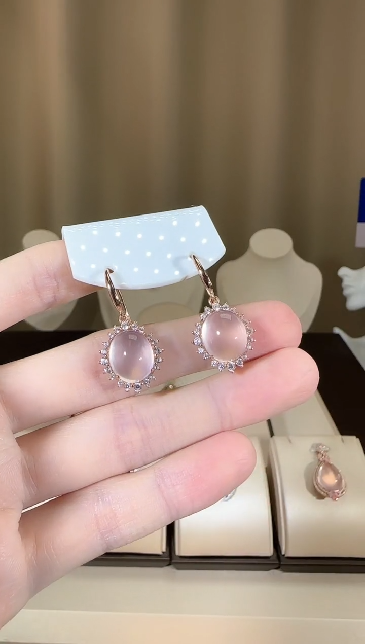 【闪购商品】芙蓉石耳饰银S925镶嵌耳钩粉水晶