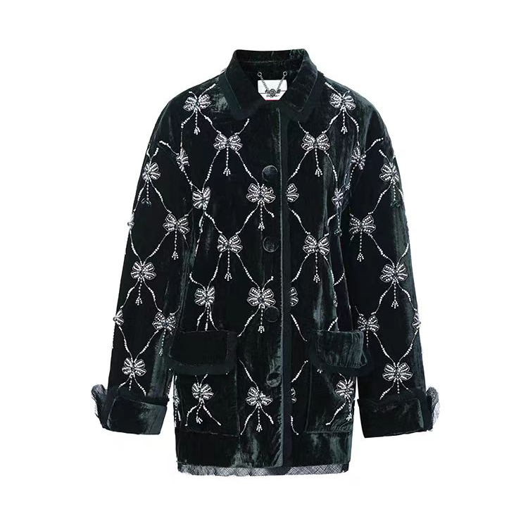 拉飞姆2025年春季老钱肌理感墨绿丝绒蝴蝶结钉珠外套LF25C21SC084