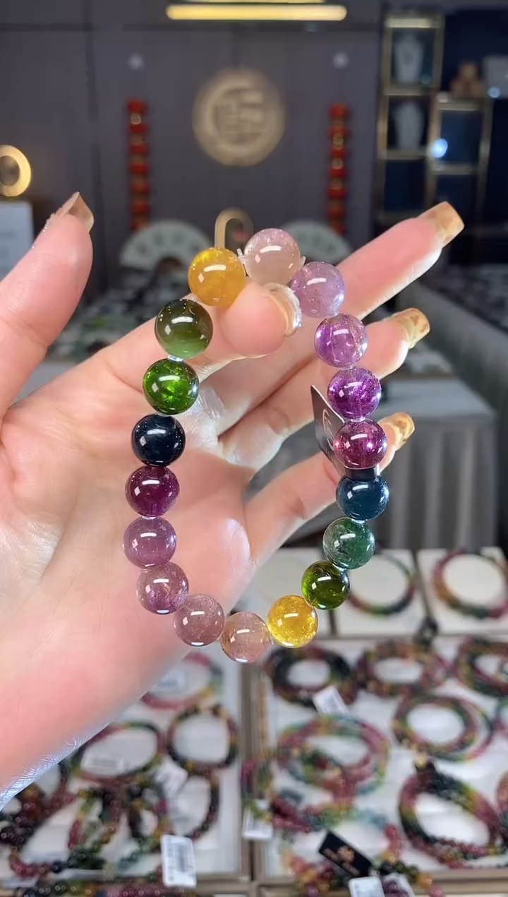 未镶嵌老矿碧玺色标彩虹单圈手串10mm+碧玺dan多样性发货一条