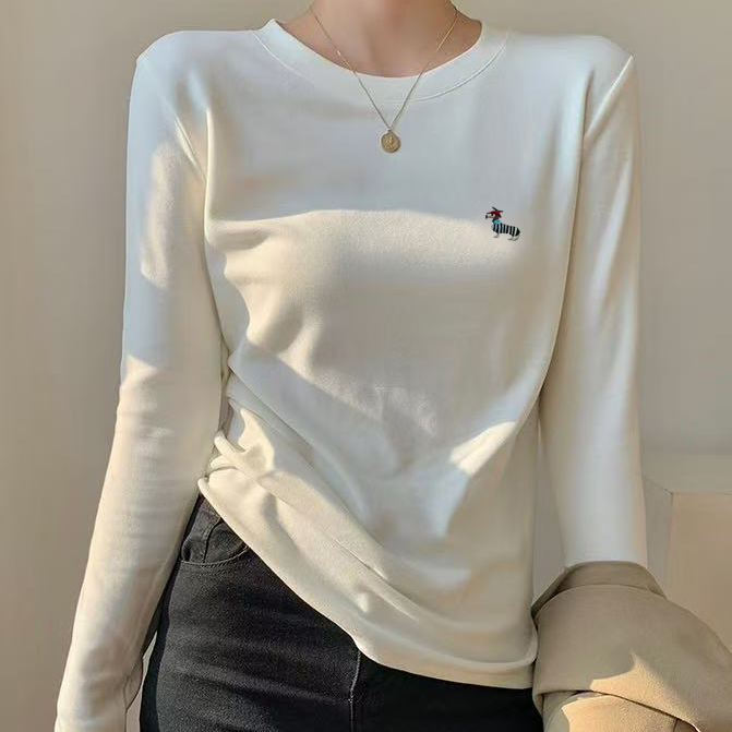 【串串儿专属】秋冬时尚百搭圆领宽松常规款休闲简约刺绣长袖打底衫