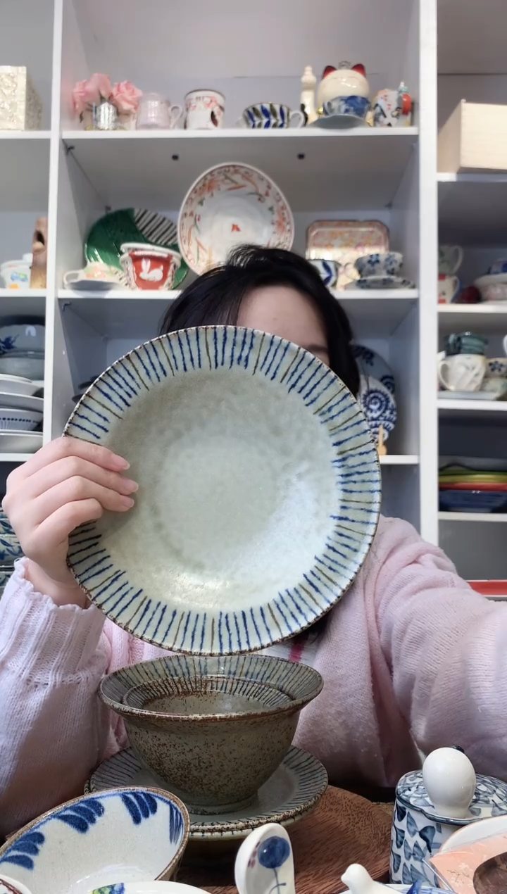 陶瓷美浓烧复古松叶十草大盘21cm