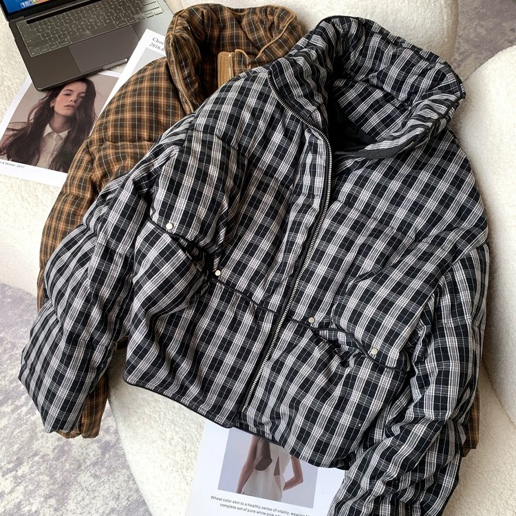 格子休闲立领羽绒服短款冬季外套面包服