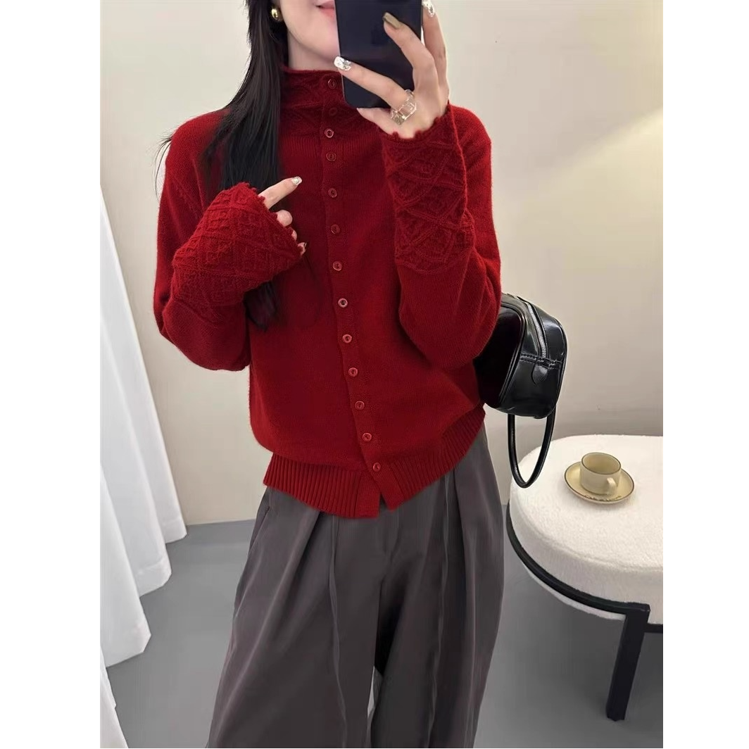 【运费补贴】蕾丝镂空酒红色长袖百搭法式针织衫秋冬开衫女外套宽松