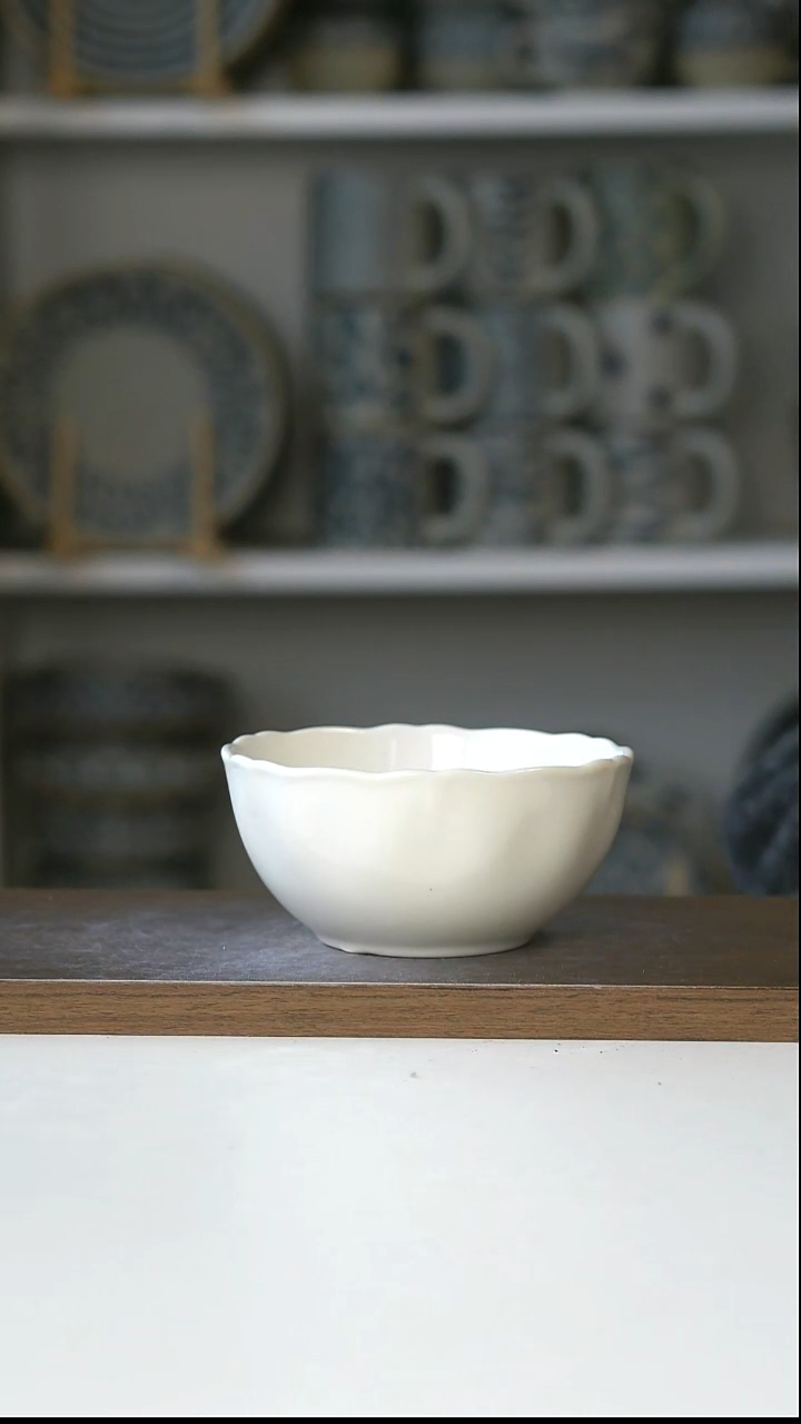 陶手捏纹极简白花瓣米饭碗12cm@4-2@微瑕