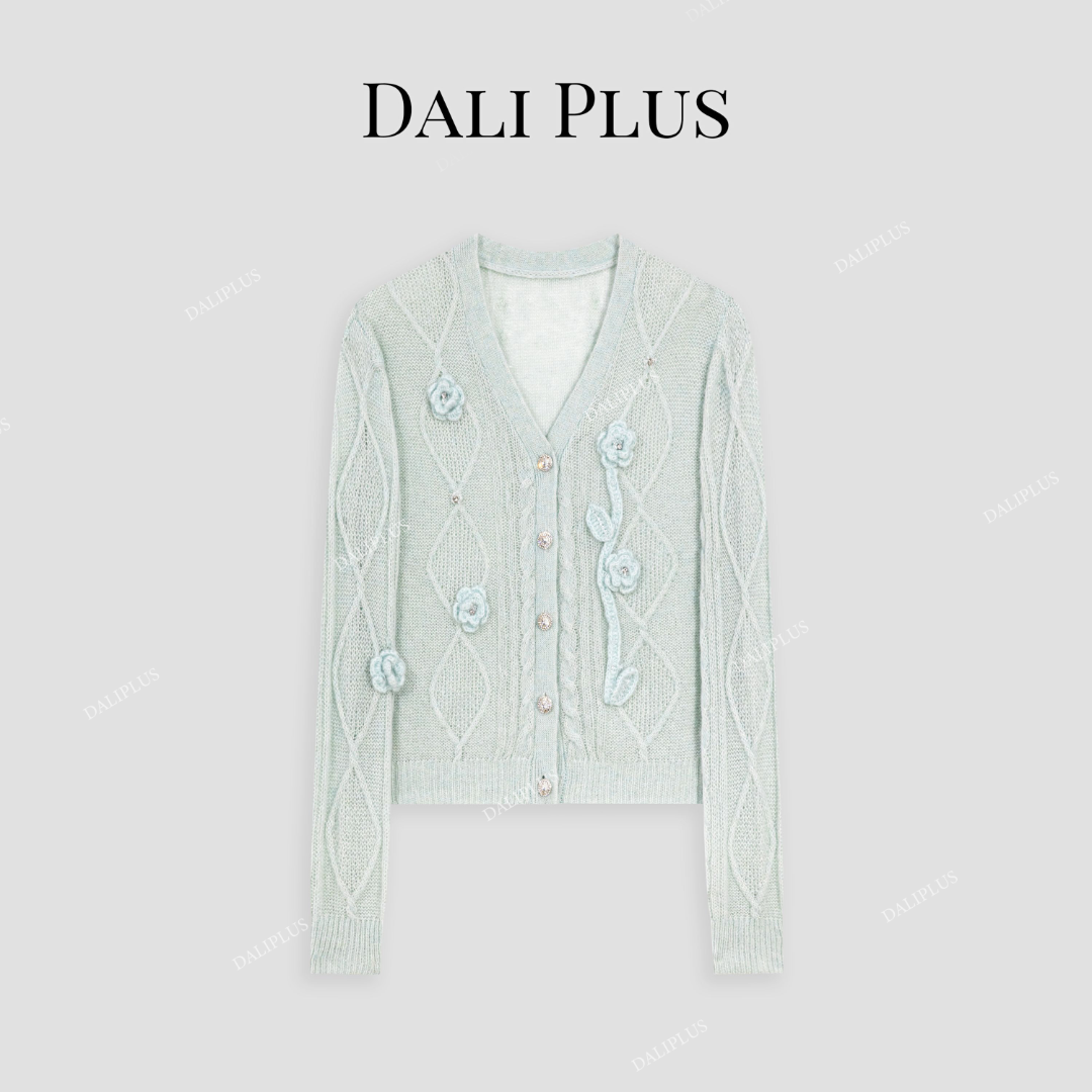 DALI PLUS手钩立体玫瑰花朵V领法式温柔针织衫-D5QX0013