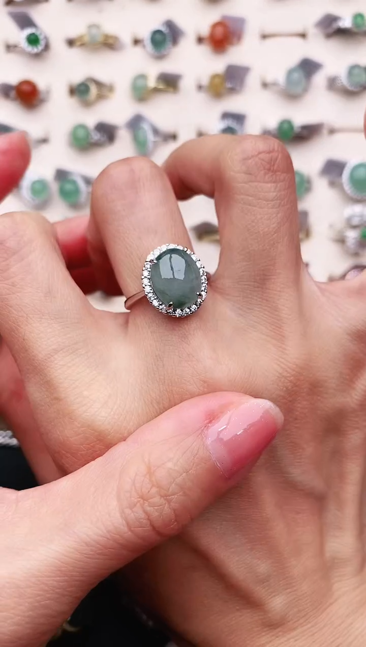 【闪购商品】翡翠戒指银S925镶嵌天然缅甸A货翡翠444   9-8