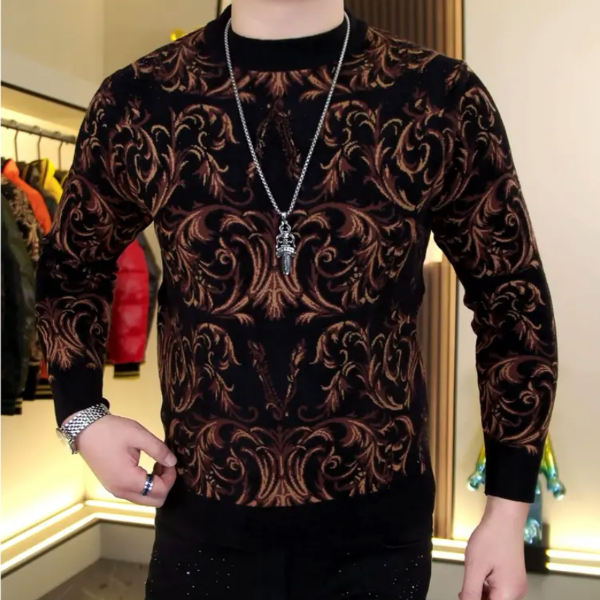 欧洲站 男士秋冬新款时尚潮流百搭提花修身加厚长袖圆领针织毛衣