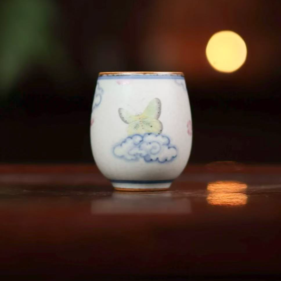 [沾沾喜器】祥云蝴蝶腰鼓杯(50m1)(朴杯0326)