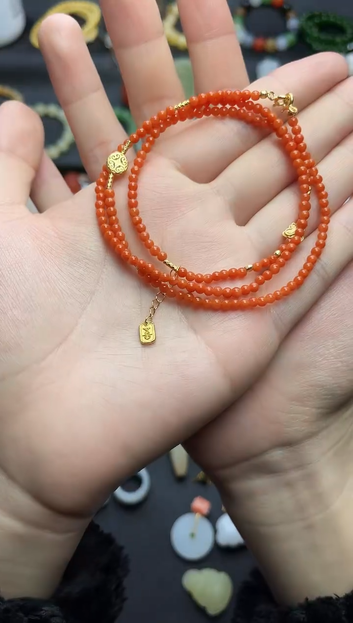 银S925镶嵌颈饰南红玛瑙小米珠万能链06