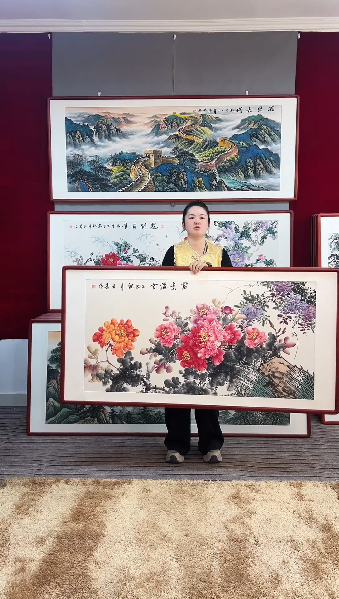 国画手绘牡丹163*83尺寸