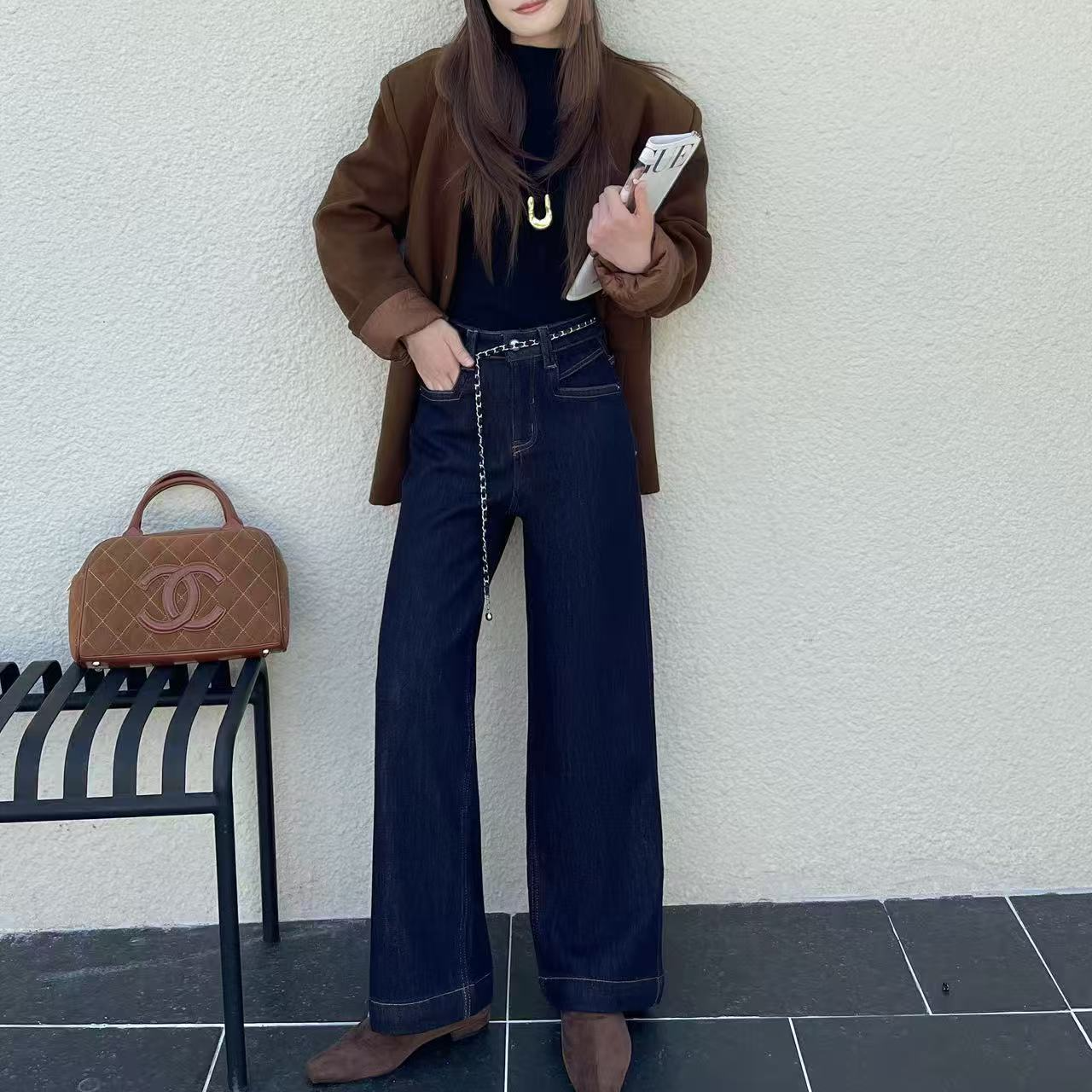 HY 海燕家 链条腰带软乎乎普洗蓝加绒牛仔裤/1872#