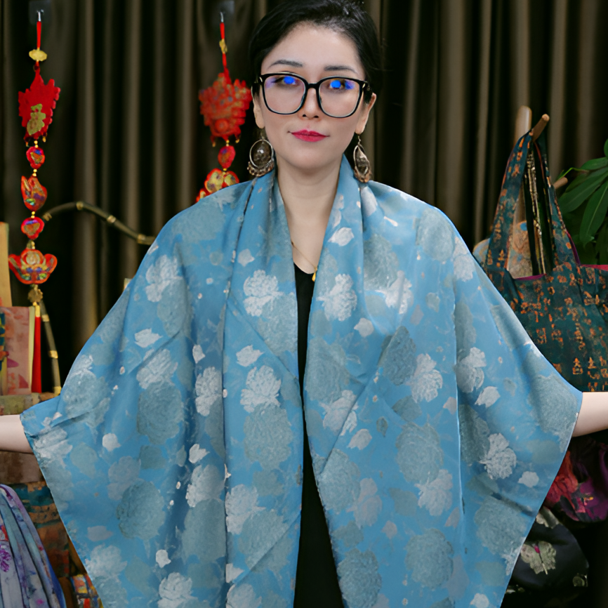 星悦｜蓝色花｜ 云锦 香云 秋冬优雅百搭 140 方巾7月29