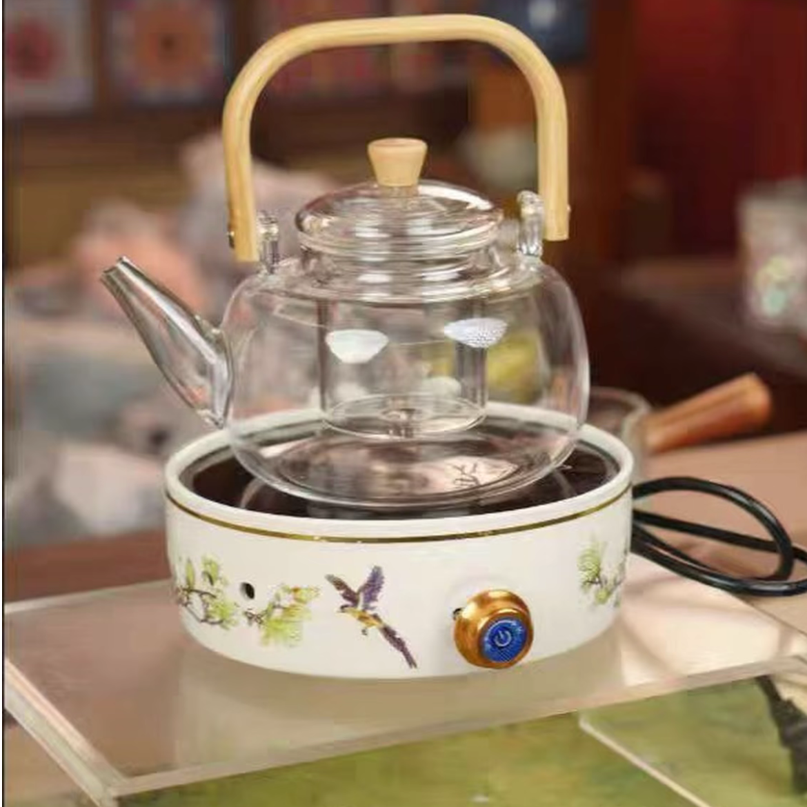 茗香瓷器 喜上眉梢白色电陶炉+方把竹提梁壶-2168