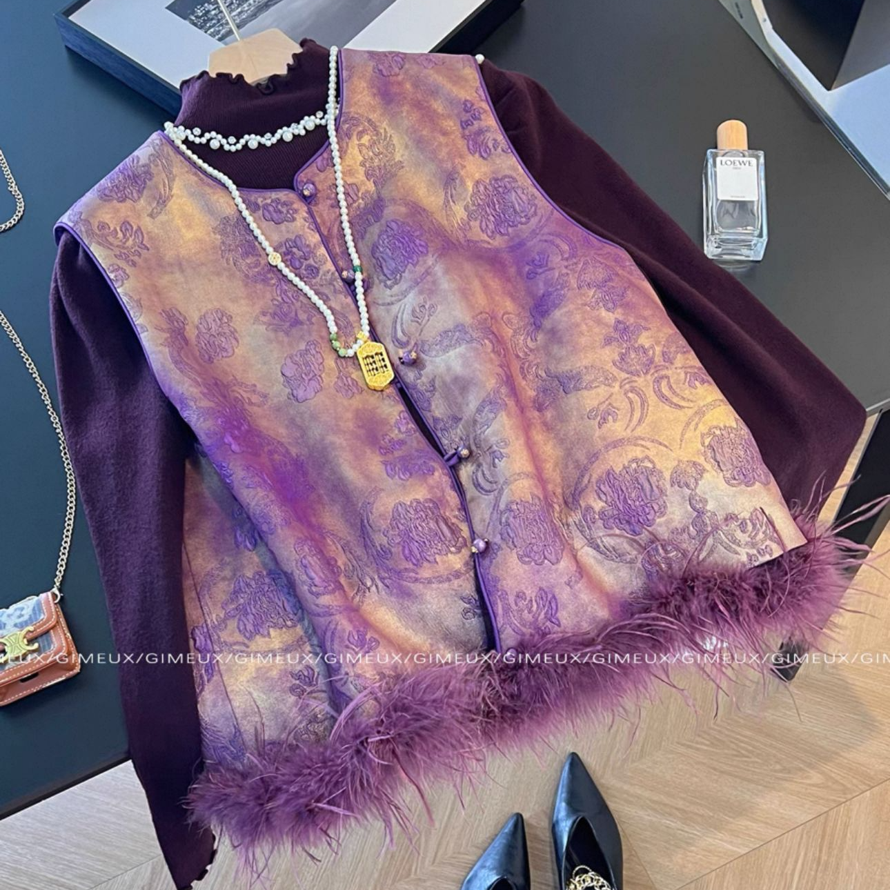 胖小旭大码冬季超好看新中式国风女装2025款提花气质拼接羽毛马甲