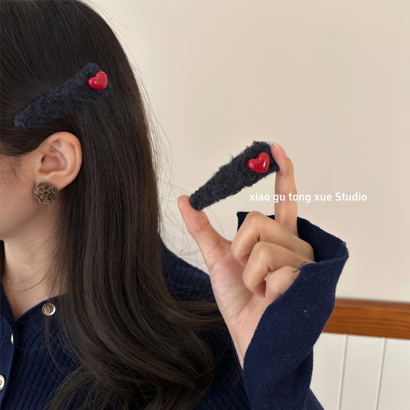 韩版爱心发夹女毛绒咖色掰掰夹碎发夹甜美气质百搭压发卡发饰头饰