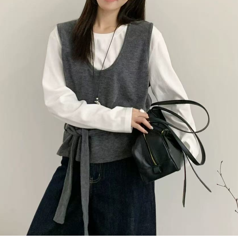 撞色拼接松弛感背心假两件长袖T恤