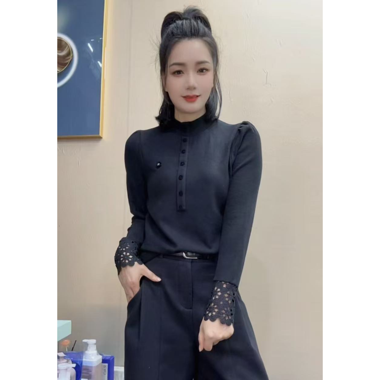 玲家精选8915款号花边袖双面绒打底衫T恤