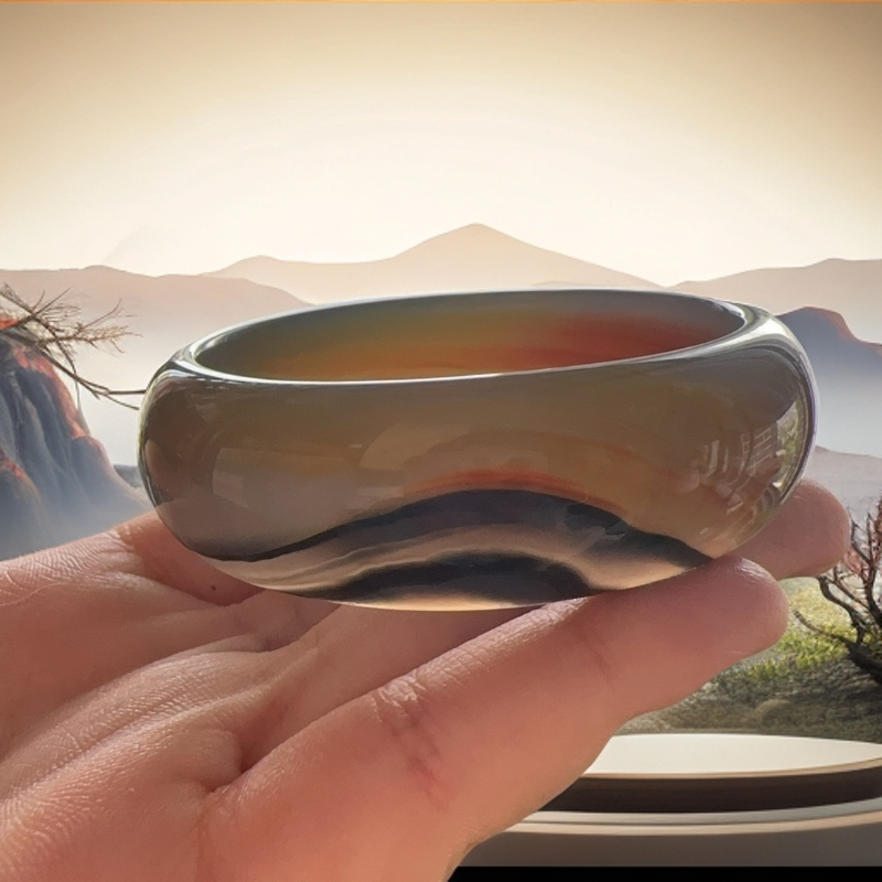 天然玉髓玛瑙手镯毕业级山川景日出东方红霞诗画版意境特色玉镯女