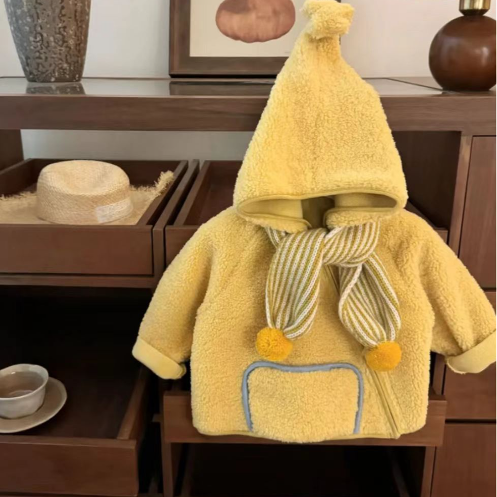 儿童冬款小博主韩系男女宝宝连帽摇粒绒精灵外套加绒保暖上衣