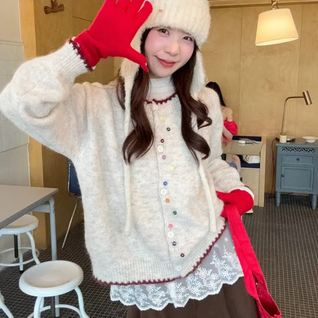 韩系彩扣软糯温柔长袖针织开衫毛衣2025秋冬新款减龄设计感上衣