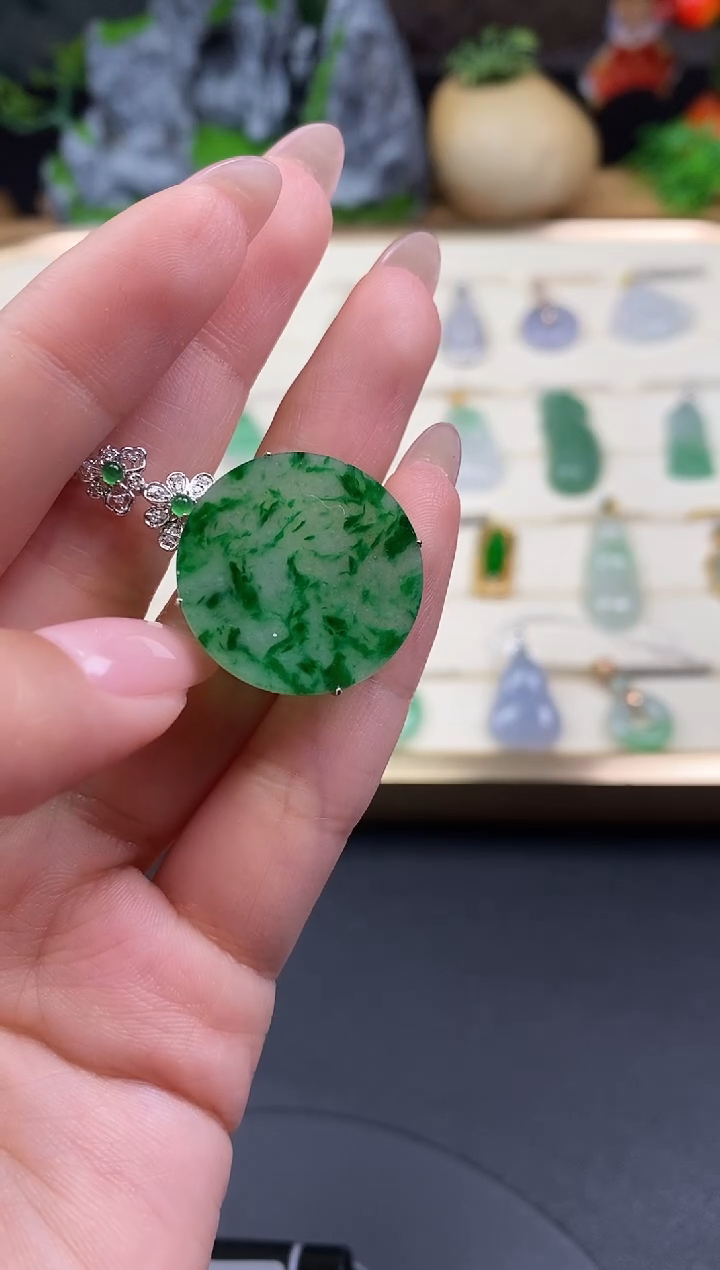 吊坠(不含链)18K金镶嵌翡翠圆牌18K金扣镶嵌@@CMT