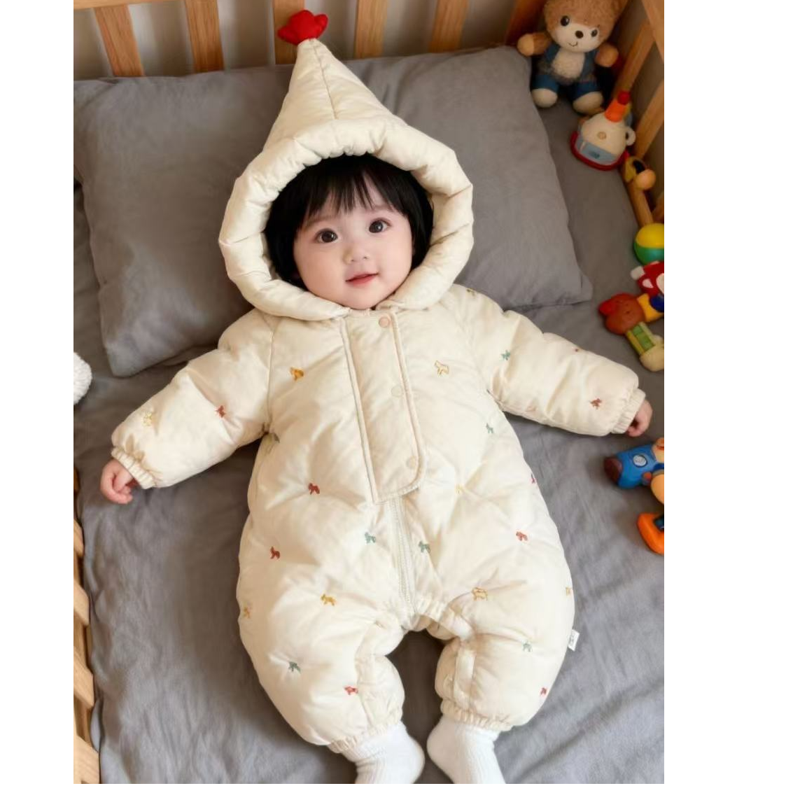 婴幼儿冬季加绒加厚小马尖尖帽男女宝宝冬款连体衣