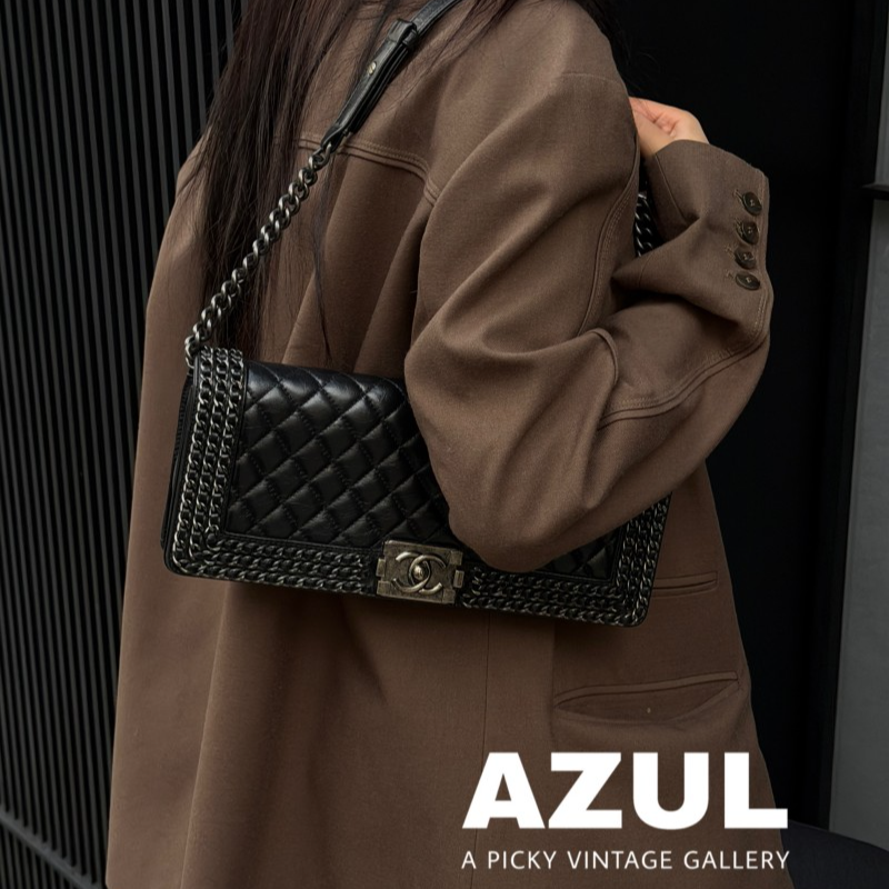 95新 Chanel/香奈儿 Azul-黑银牛皮滚边法棍leboy手拿单肩包54293