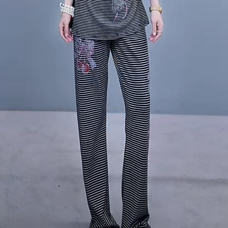 TCH（单件裤子）私服秋款烫钻工艺时尚百搭休闲条纹裤子女轻奢tch
