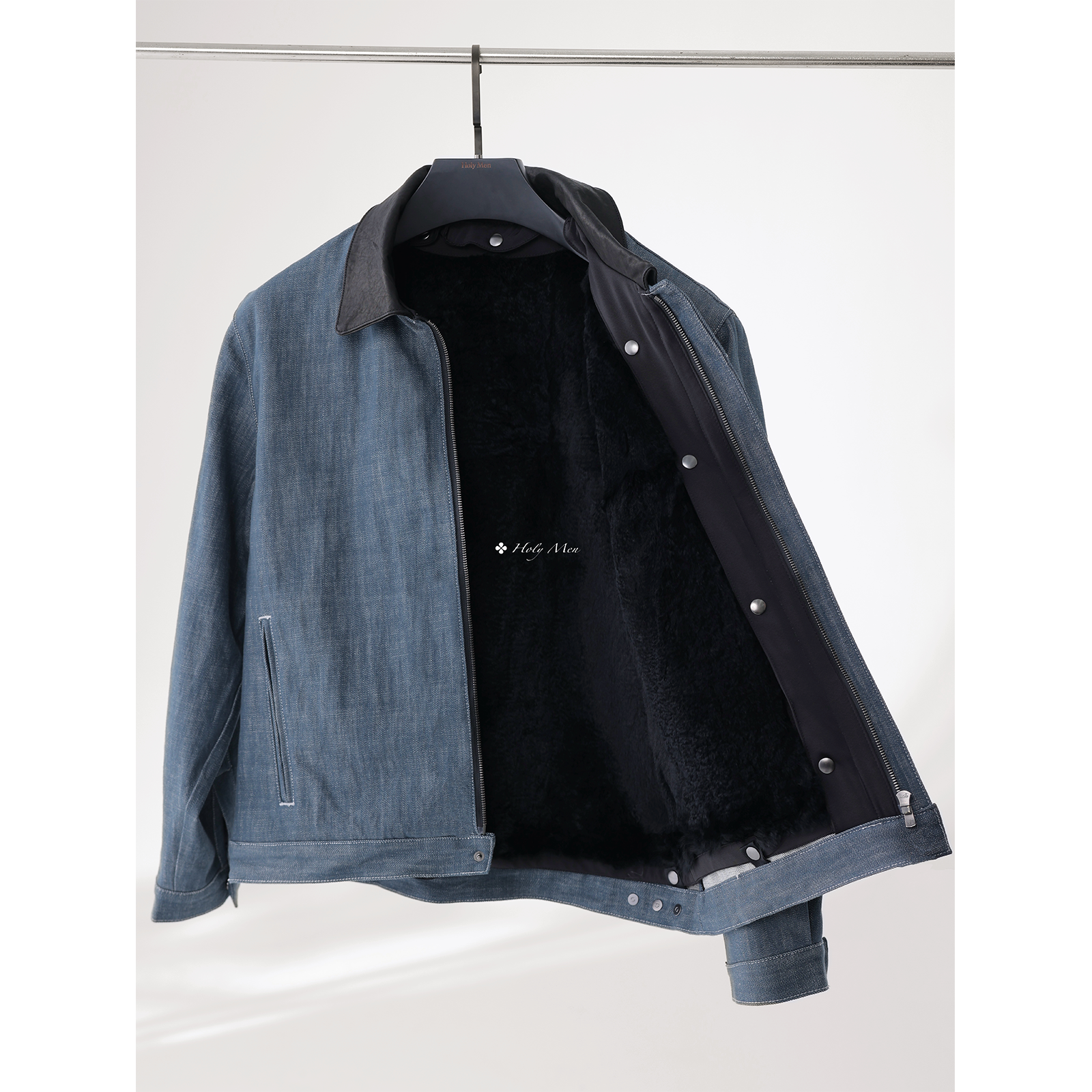 HolyMen | 植鞣牛皮领拼接獭兔马甲岗山牛仔外套