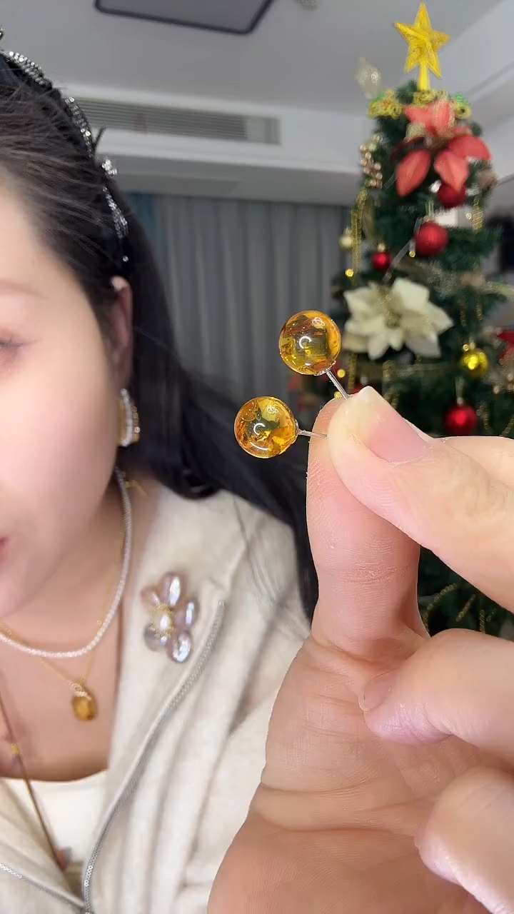 琥珀（花珀）银S925镶嵌耳饰花珀大圆珠耳钉