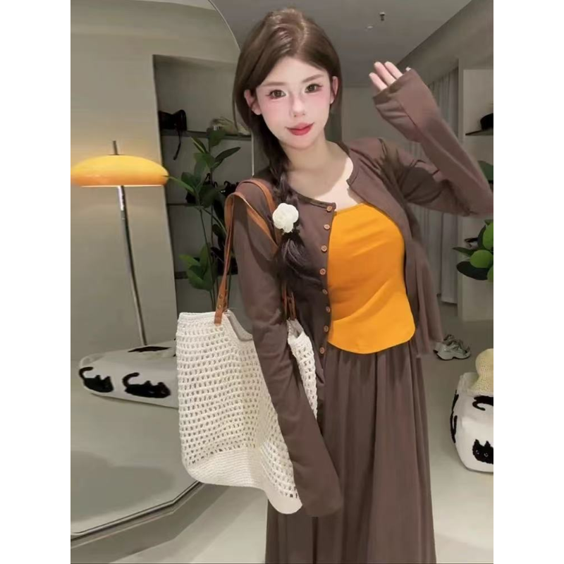 S202517-韩系甜美时尚气质外套吊带背心百搭半身裙三件套