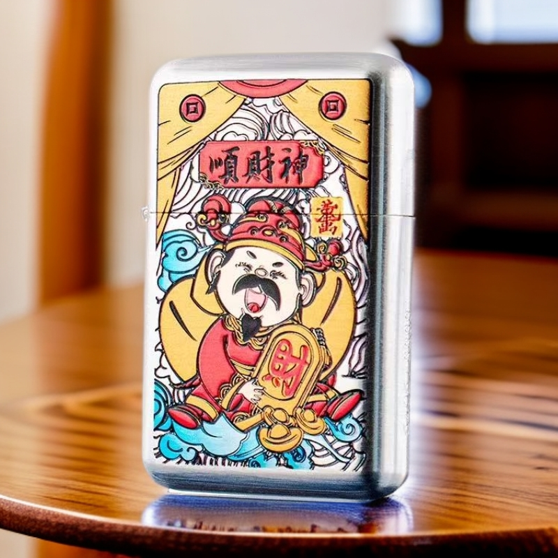 珐琅彩包银顺财神砂轮打火机【全新机无煤油】