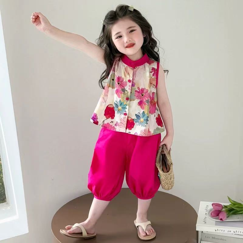 A-Y589女童儿童多巴胺穿搭夏装小女孩无袖娃娃衫灯笼裤两件套