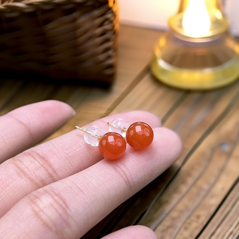 【小刘南红】保山南红（云端）滴水洞18k金耳钉 8mm 多样性发一