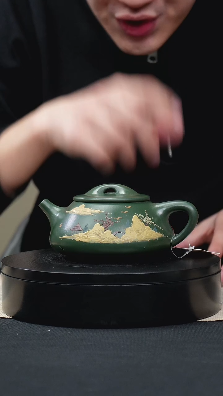 【闪购商品】紫砂茶壶037民国绿堆绘石瓢手工紫砂壶