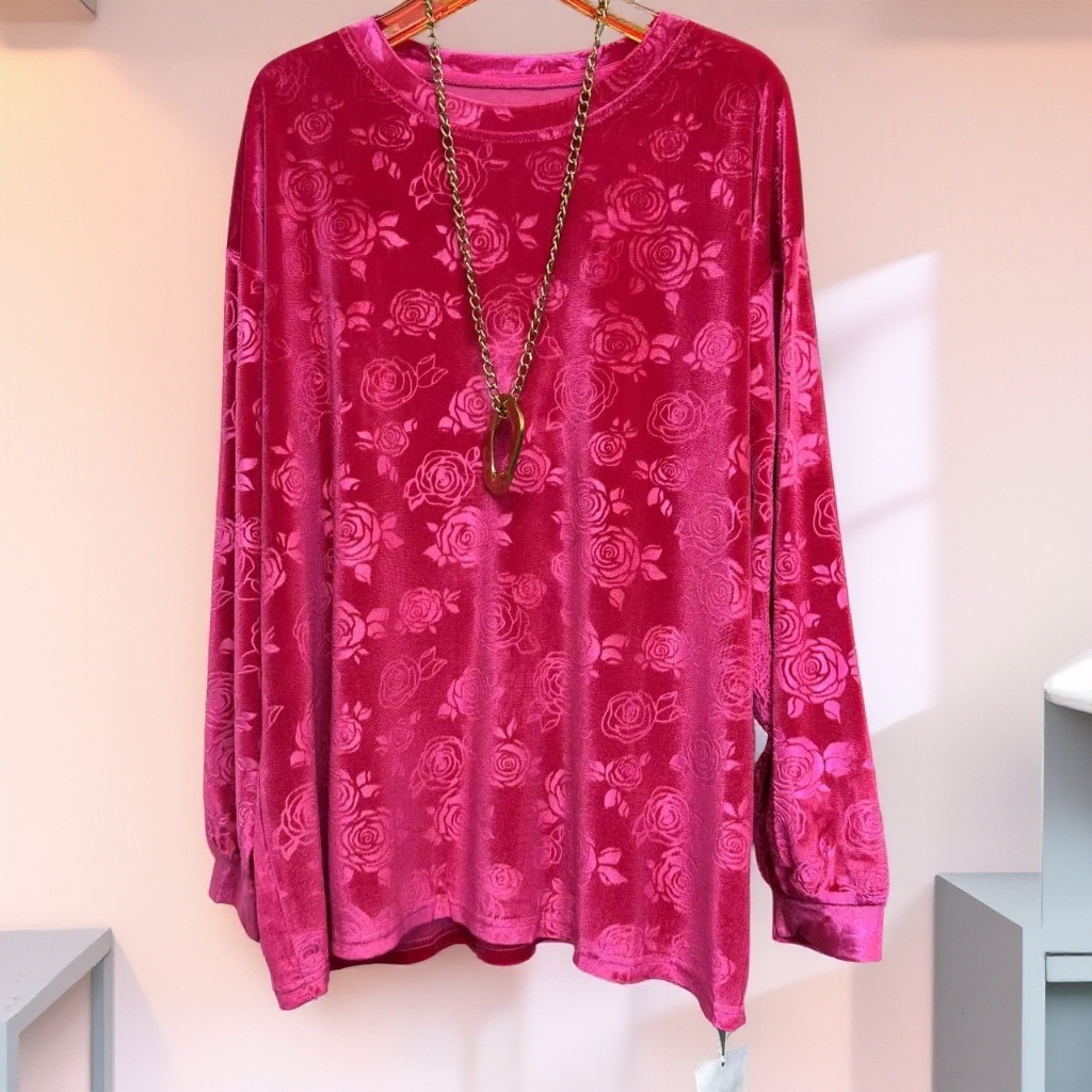 玫瑰雪花绒大码女装t恤衫200斤胖mm宽松遮肉显瘦长袖透气冬季新款