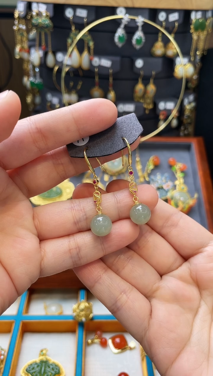 【闪购商品】和田玉耳饰银S925镀金镶嵌耳饰