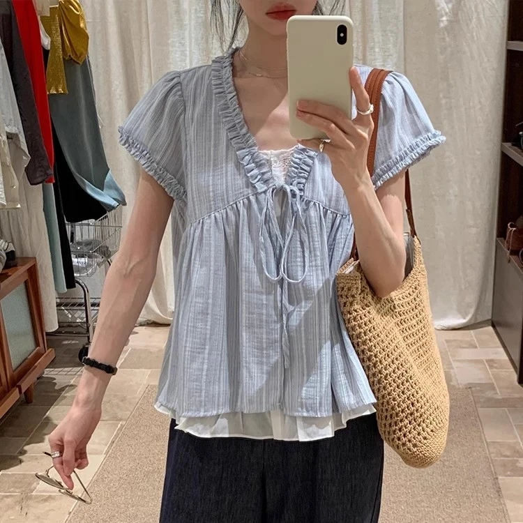 夏季新款小清新系带蓝色条纹木耳边假两件短袖衬衫