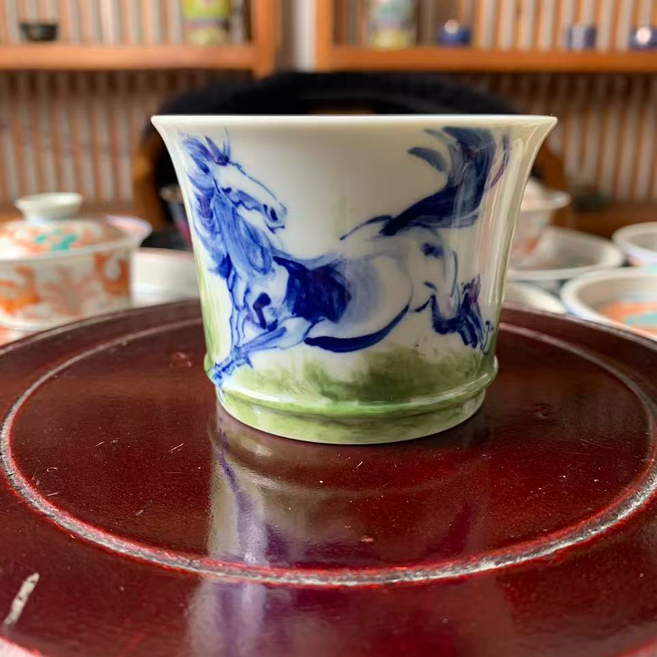 景德镇全手工纯手绘马上有福竹节撇口杯