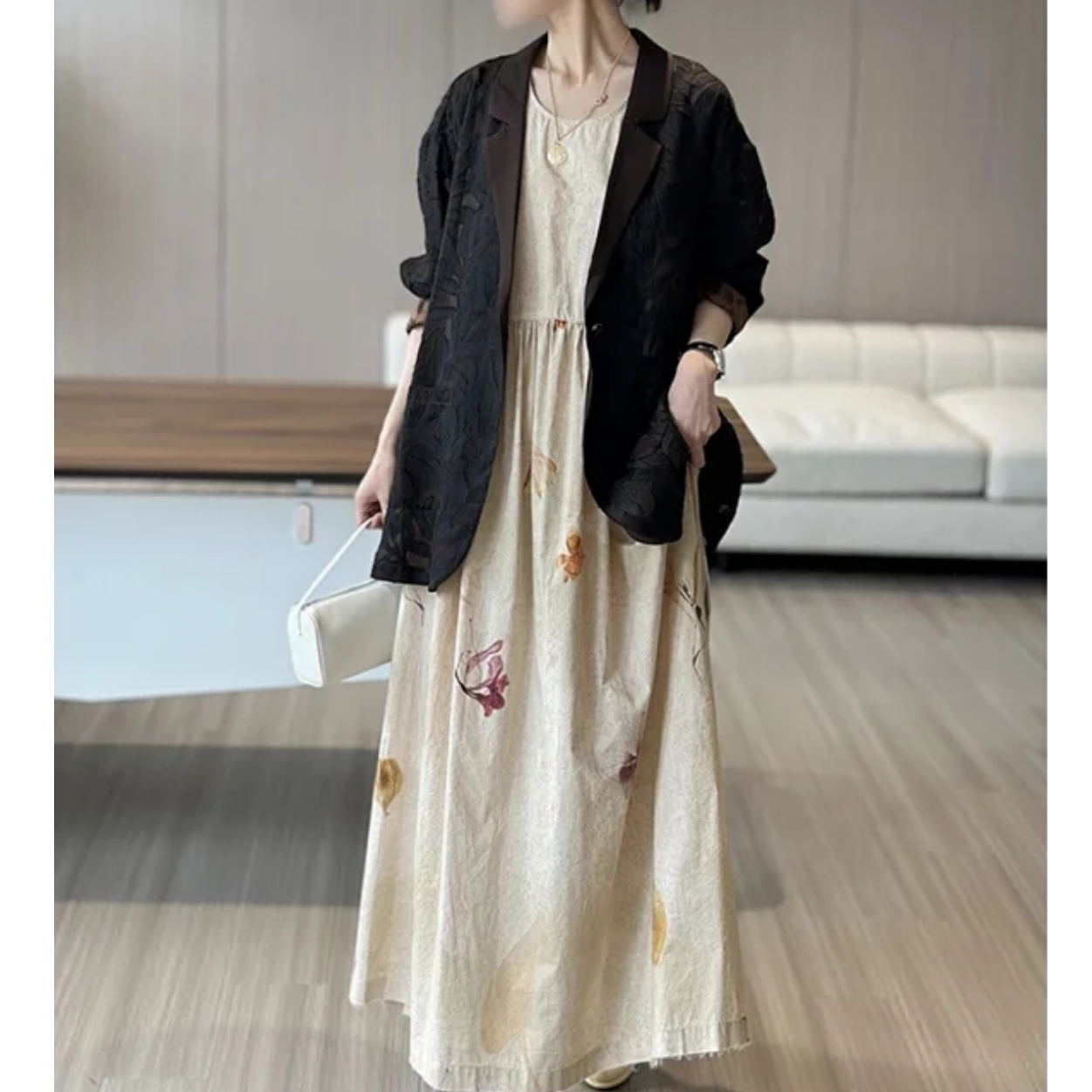 ONE- 香云纱剪花树叶新中式西装外套