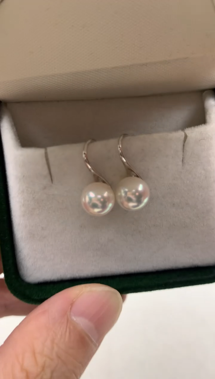 银S925镶嵌ff海水珍珠akoya白珠耳饰8~9mm