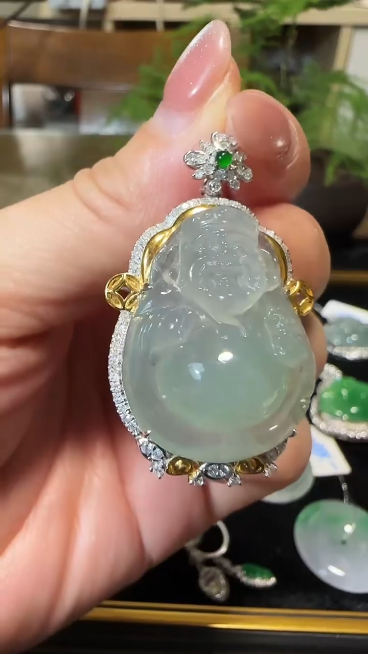 【闪购商品】翡翠吊坠(不含链)18K金镶嵌天然缅甸翡翠A货冰晴底财神
