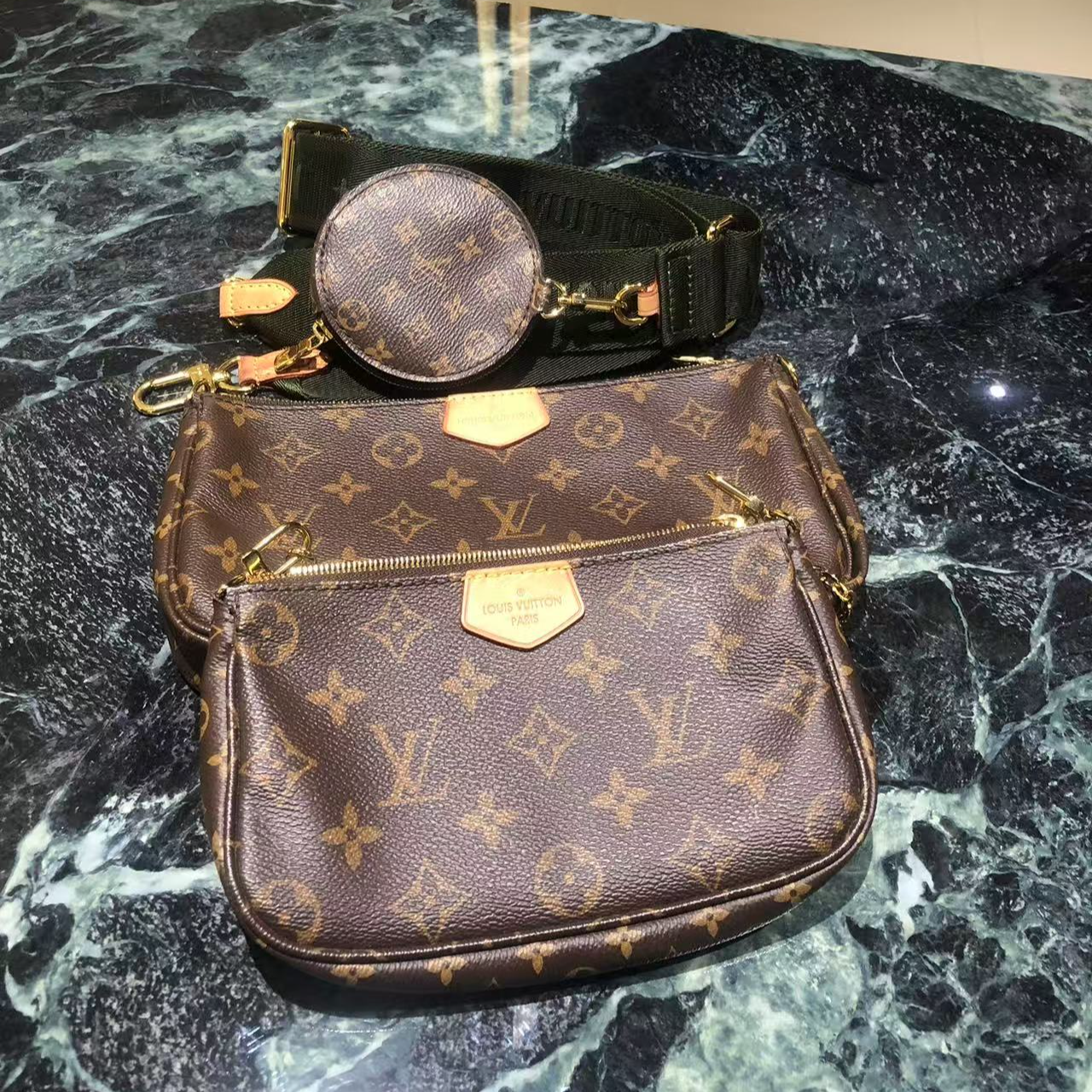 95新 LouisVuitton/路易威登 lv老花五合一绿肩带