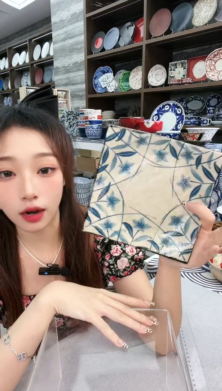 瓷黄泥桔梗直角正方形盘17cm两支