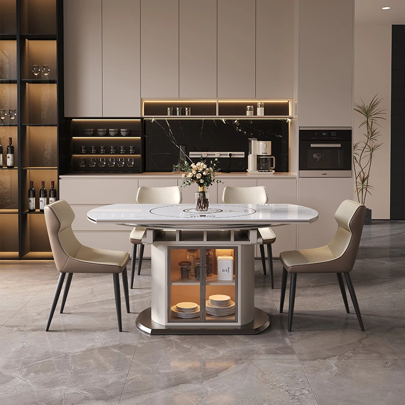 新款多功能智能AI语音高端岩板餐桌电磁炉暖菜板电动转盘餐桌饭桌