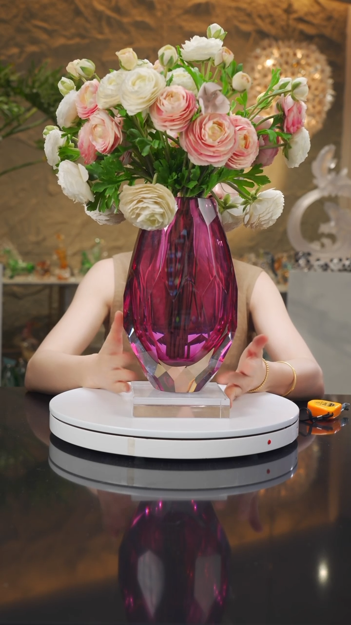 琉璃手工艺品福利金红切面花瓶带底座