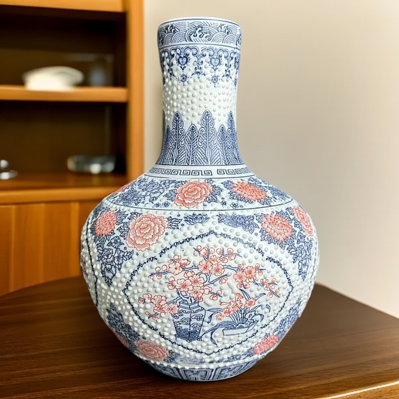 ZY-DP-A216釉里红点珠开窗花鸟天球瓶礼盒装+底座