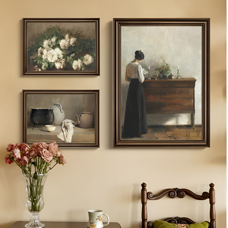 读书女子与静物花卉高级感法式复古客厅沙发背景墙装饰画组合挂画