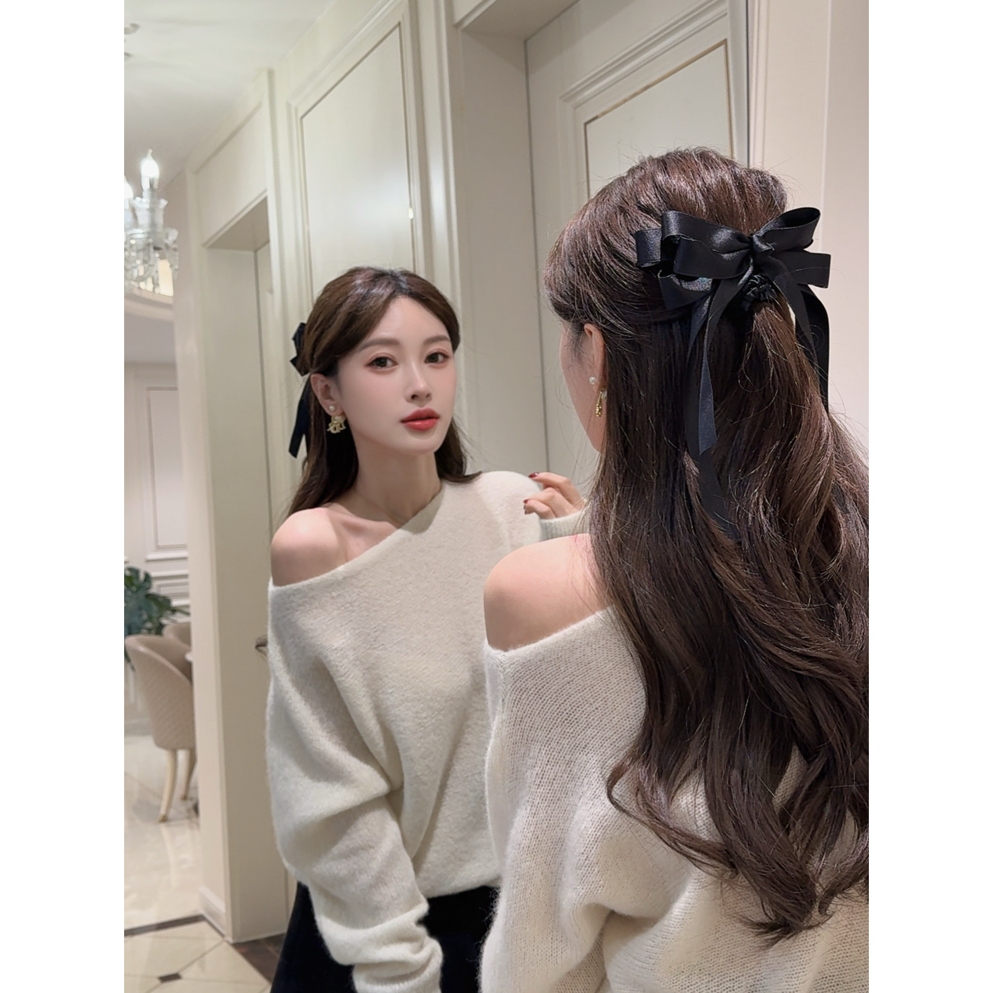 【曼文kiki】“撩人心动”软糯山羊绒慵懒一字肩毛衣 25Q1310