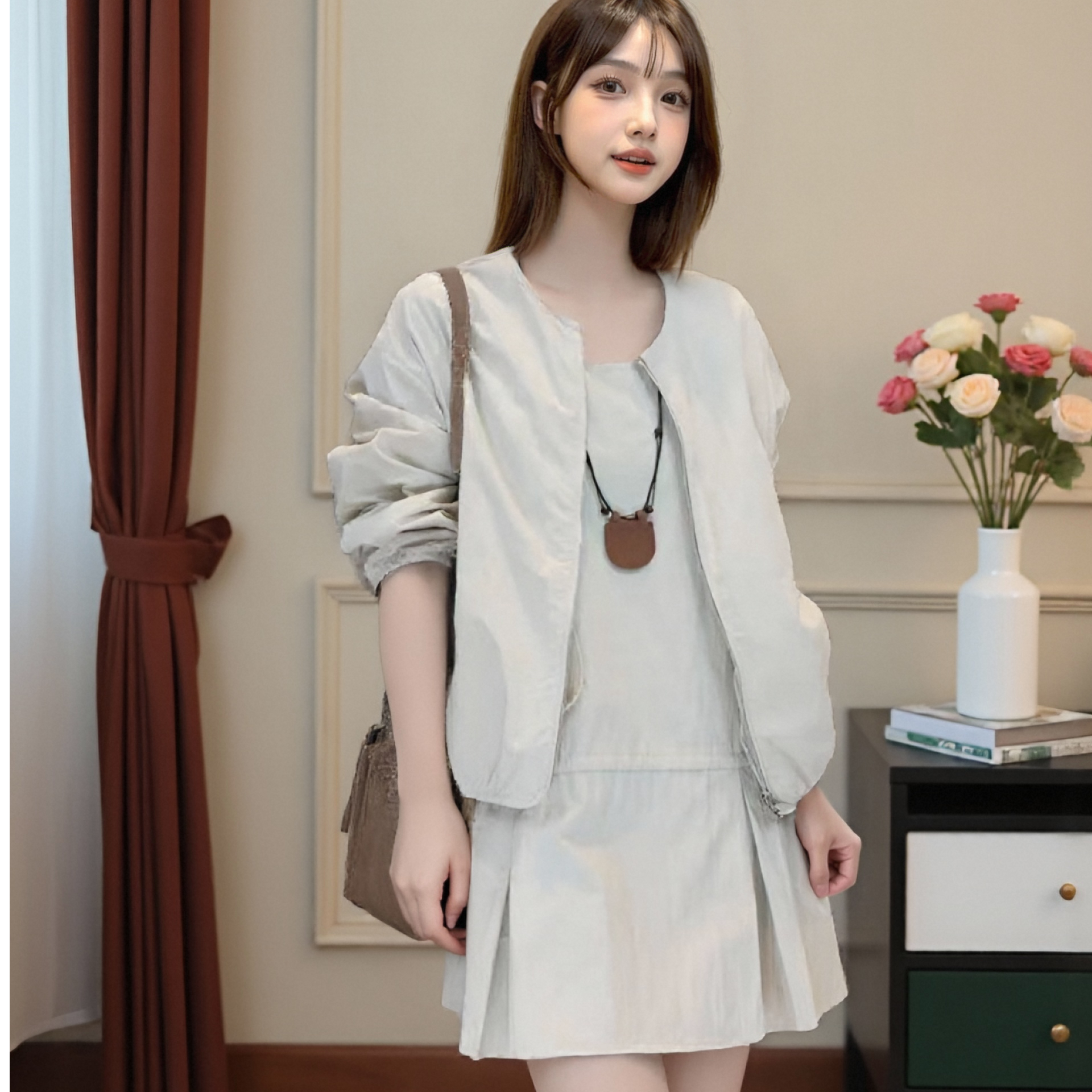 2025年002春季时尚百搭宽松显瘦复古洋气减龄圆领拉链设计感套装